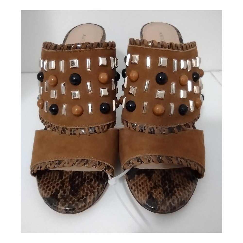 NWOT Antonio Melania Peggi Studded Beaded Animal Print Leather Slip-On Heels